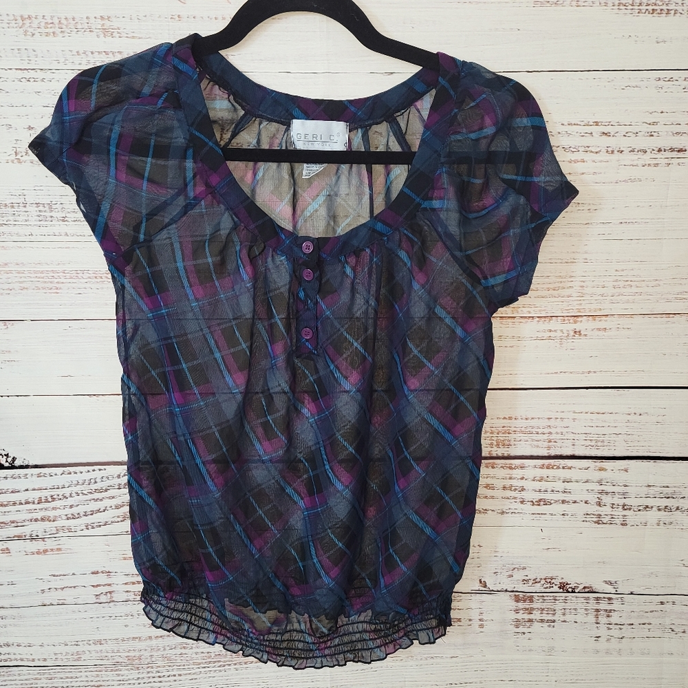 GERIC S Sheer Plaid Top